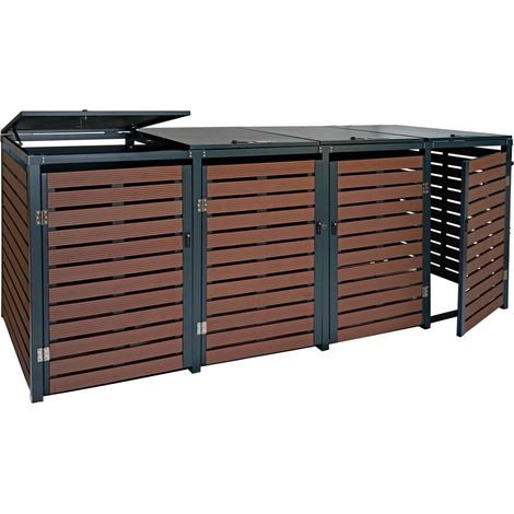 4er Mülltonnenverkleidung HHG-671, Mülltonnenbox Mülltonnenabdeckung, 119x264x84cm WPC Metall 130kg Walnuss-Holzoptik