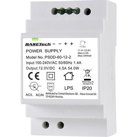 Basetech BT-2250320 Hutschienen-Netzteil (DIN-Rail) 12 V 4.5 A 54 W Anzahl Ausgänge:2 x Inhalt 1 S (1/4)