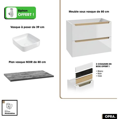 Ensemble meuble sous vasque avec plan et vasque à poser - Siphon OFFERT OPRA Blanc-Noir 80 × 60 × 45 cm (1/5)