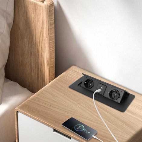 Einbausteckdose Steckdosenleiste mit 2 Fach, 1 USB A und 1 USB C, Tischsteckdose Versenkbare Steckdose Steckdosenleiste mit 1.8M Kabel, Mehrfachsteckdose Werkbank Steckdose (Schwarz) (1/5)