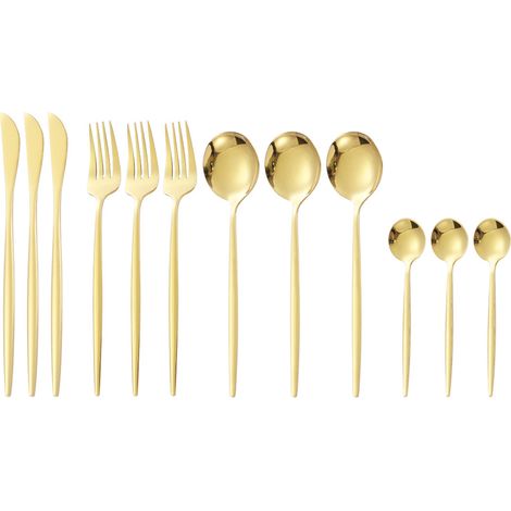 Ensemble de couverts 12 pièces (cuillères, couteaux, fourchettes) en acier inoxydable 410 brillant, finition dorée, idéal pour la maison et le restaurant. (1/5)