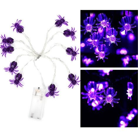 Guirlande lumineuse d'Halloween violette avec araignées, 2 m, 10 LED, pour décoration de fête d'Halloween, ambiance horrifique et décoration intérieure (boîtier à piles). (1/5)