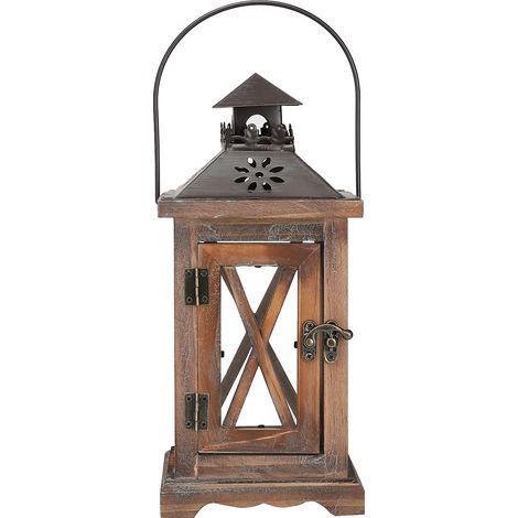 Farol colgante decorativo vintage para velas – carcasa de metal/madera, dimensiones 28 x 12,5 x 12,5 cm, marrón oscuro, decoración única para patio o terraza. (1/5)