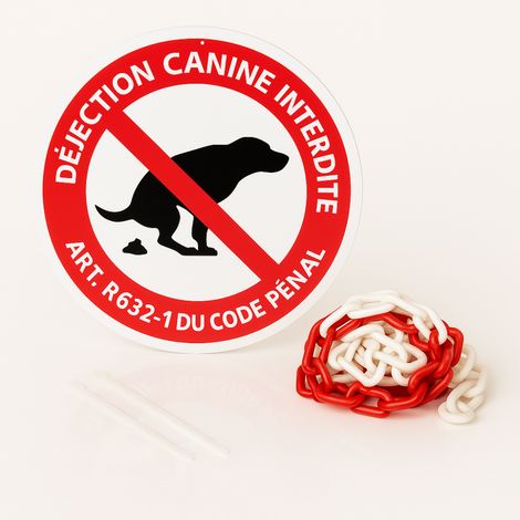 Déjection canine interdite disque rigide prépercé avec chaine plastique rouge/blanc avec collier de serrage de serrage - panneau rond signalisation Diamètre 300 mm