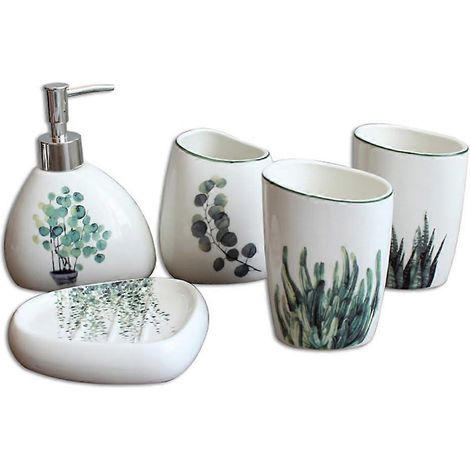 Ensemble d'accessoires de salle de bain en céramique, motif plante verte, 5 pièces, avec distributeur de savon et organiseur. (1/5)