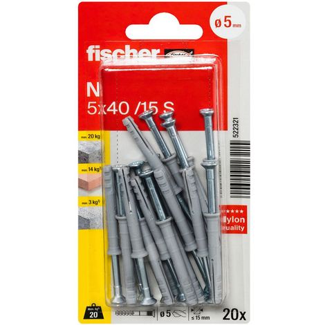 Blister de 20 chevilles à frapper Ø5 x 40 mm collerette fraisée et clou tête fraisée pour structures en bois - Fischer (1/5)