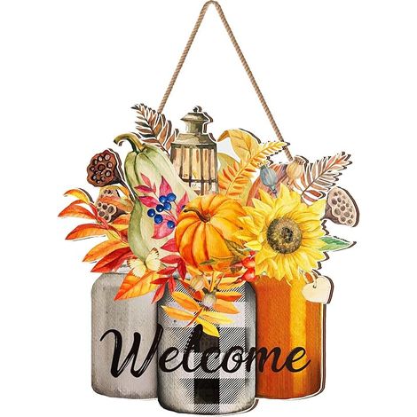 Bienvenue Guirlande Bonjour Signe d’automne Panneau de maison de ferme en bois Panneau de bienvenue avec feuille d’automne et citrouille pour porche Ferme Thanksgiving Automne Porte d’entrée Décoratio (1/5)