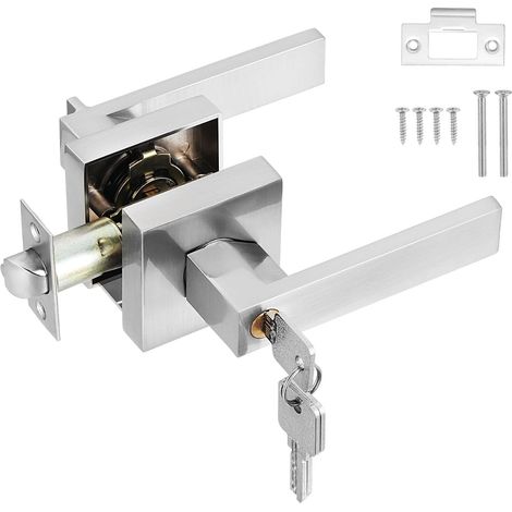 Poignée de porte à béquille, poignée de porte intérieure avec serrure et clé Poignée de porte d'entrée carrée pour chambre à coucher, bureau, gaucher ou droitier (argent) (1/5)