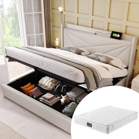 Boîte à lit avec USB Type C Chargement de la tête, Stauraumbetten Chassis de lit en lin Jeunesse lit 140x200 avec lattenrost (avec matelas) (1/5)