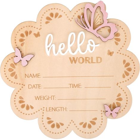 Bonjour le Monde Panneau Annonce de Naissance, Papillon en Bois Plaque Nominative pour Bébé Panneau d'Annonce Naissance pour Accessoires Photo Baby Shower Hôpital Décoration Chambre d'Enfant (1/5)