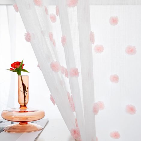 JSSEVN - Sheer Curtains for Children's Room, Voile Drapes with Eyelets and Tassels, Semi-Transparent Short Curtain, 140x260 cm, Pink, 2 Pieces (1/5)