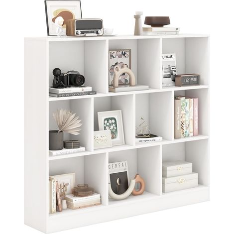 GOPLUS Bibliothèque, Meuble Rangement Enfant avec 10 Cubes Ouvertes, Étagère Rangement à 3 Niveaux pour Livres Jouets, Meuble Cube pour Salon/Chambre, 120x24x104CM (Blanc) (1/5)