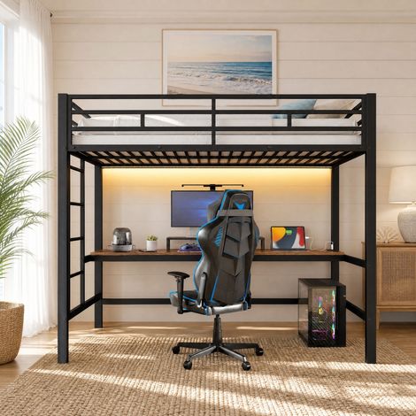 Cama infantil alta 90 x 200 cm con escritorio, escalera, barandilla, LED y enchufes HAVRYA (1/5)