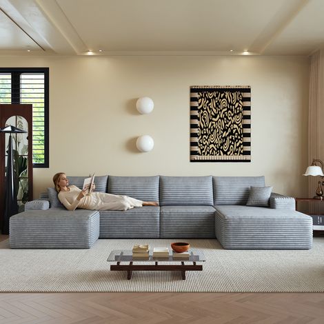 Canapé d'angle L modulaire 340 cm avec méridienne, assise profonde, sofa moderne sans montage, gris (1/5)