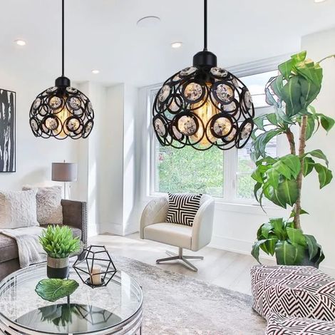 U-DO 2Pcs Lustre en Cristal Noir design Moderne 2020cm Suspension Ajustable Lampe Exquis Décoration Café Entrée (1/4)