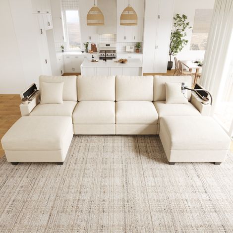 Divano angolare modulare a U in corduroy beige con USB HAVRYA (1/5)