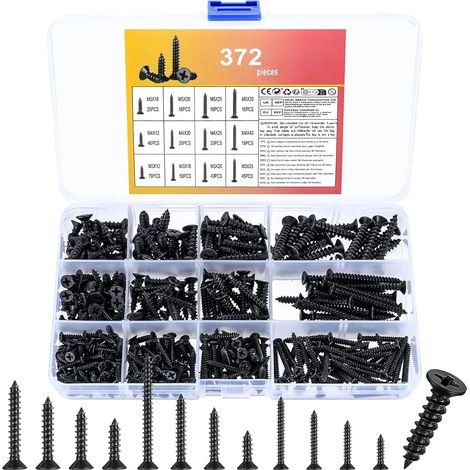 372 Pcs Vis à Bois Noires M3 M4 M5, Autoperceuses et Autotaraudeuses, Tête Fraisée Cruciforme, Pour Métal Plastique Cloison Sèche (1/5)