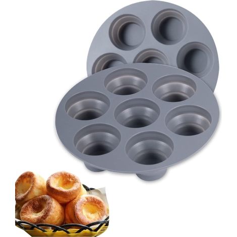 Lot de 2 moules à muffins profonds ronds en silicone pour 7 cupcakes, moules de cuisson, moule à pudding Yorkshire, plateau à cupcakes antiadhésif, 18 x 18 x 3 cm,Parent,- (1/5)
