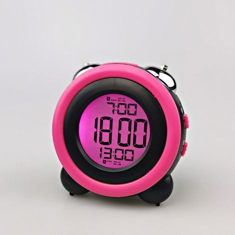 Lautloser LED-Wecker mit Licht, elektronischer Wecker für Zuhause, laute Lautstärke – Schwarzes Gehäuse, rosa