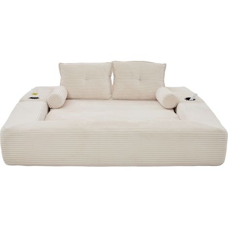 Sofá Cama Convertible de 2 Plazas en Cord, con Bolsillos Laterales y Portavasos, Espuma 30, Beige (1/5)
