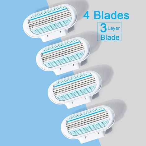 Rasoir de sécurité pour femmes avec lames en acier inoxydable à 3 couches – Idéal pour épilation quotidienne et voyages – Kit complet avec manche ergonomique bleu et 4 têtes de lame triple emballage s (1/4)