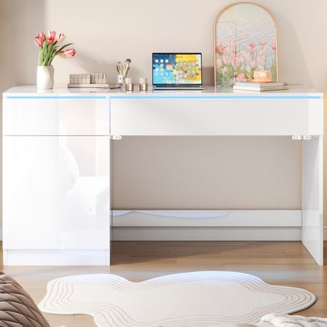 Escritorio 120x50x78 cm, con iluminación LED, 2 cajones y 1 mueble, acabado brillante, tablero de partículas blanco (1/5)