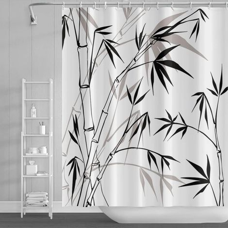 140x183cm Bambou Silhouette Rideau de Douche Feuilles Esquisser Blanc, Peinture à l'Encre pour Baignoire, Enfants, Salle de Bains Polyester avec Crochets (1/5)