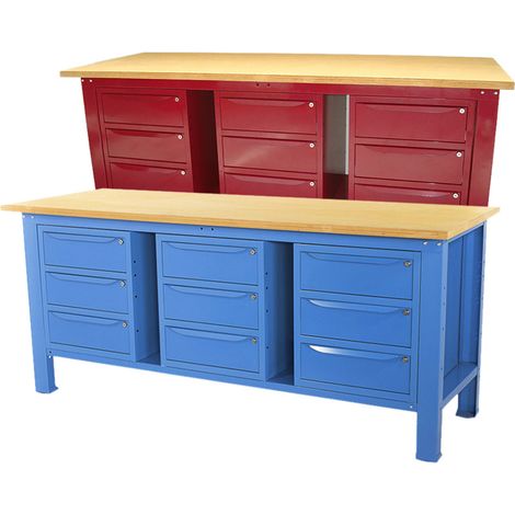 Banco da lavoro SOGI 2 metri con piano in legno portata 1000 kg + 3 armadi a 3 cassetti - blu/rosso, ColoreBlu (1/5)