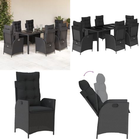 7-tlg. Garten-Essgruppe mit Kissen Schwarz Poly Rattan - Gartenstuhl - Gartentisch (1/5)