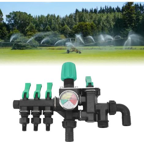 Distribuidor de pulverización agrícola con válvula de cierre, manómetro y 3 boquillas para jardinería, ganadería y acuicultura.