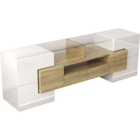 Mobile TV basso 145 cm bianco lucido effetto legno con piano in vetro e LED, HOMVRA (1/5)