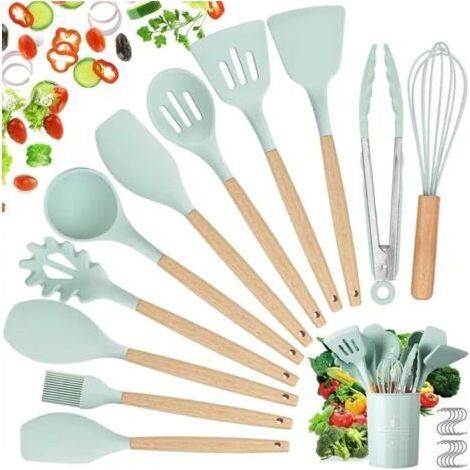 BUNTHAUS Ustensiles de Cuisine en Silicone et Bois,22 PCS Accessoire Kit Cuisine Set sans BPA, Antiadhésive Set avec Pot de Rangement, Vert 01