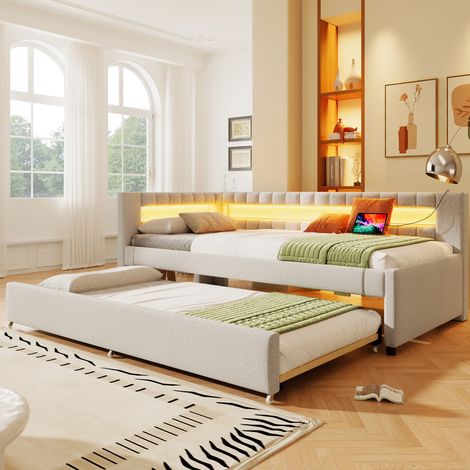 Cama dormitorio con LED y nido USB para invitados beige HAVRYA (1/5)