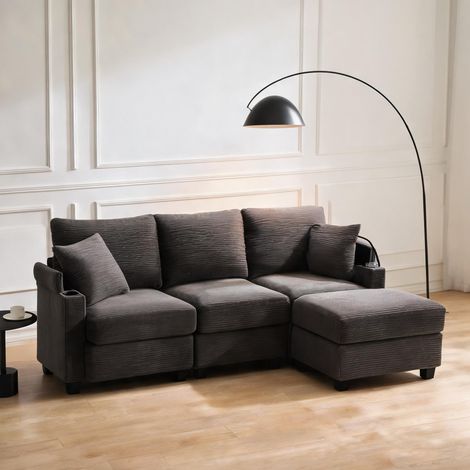 Canapé d'angle convertible 3 places avec pouf et chargeur USB (1/5)