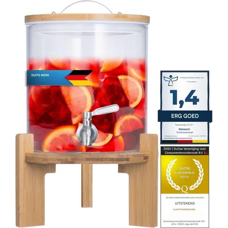 Distributeur de boissons - Distributeur de bar - Réservoir en verre de 5 litres avec robinet en acier inoxydable et base en bambou - 1 pièce - Transparent (1/5)