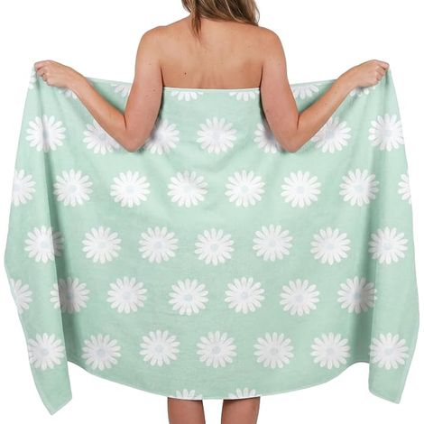 Serviette de plage en 100 % coton, vert menthe, motif pâquerettes, 100 x 180 cm (1/4)