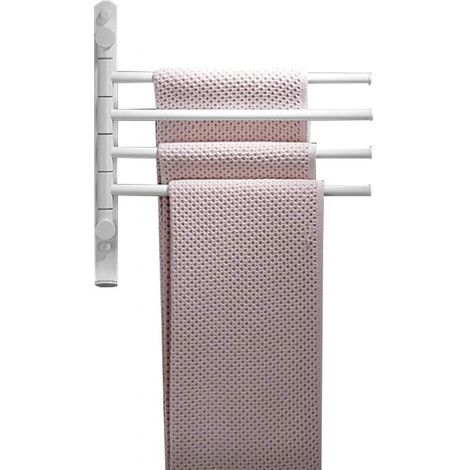 Porte-serviettes de salle de bain, barre porte-serviettes pivotante, porte-serviettes mural à quatre bras avec crochets, blanc (1/4)