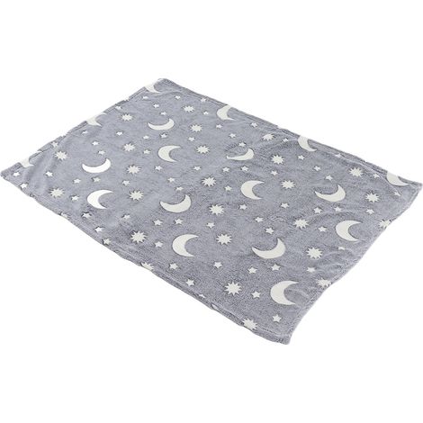 Couverture lumineuse 1,5 x 2 m en flanelle double face, motif étoiles et lune, douce et phosphorescente pour enfants, grise. (1/5)