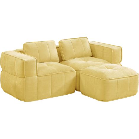 Sofá modular esquinero de 2 plazas con puf de poliéster amarillo sin estructura (1/5)