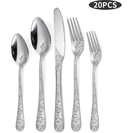 Service de Couverts en Acier Inoxydable pour 4 Personnes, 20 Pièces, Fleurs, Comprend Couteau, Fourchette, Cuillère de Cuisine(Argent) (1/5)