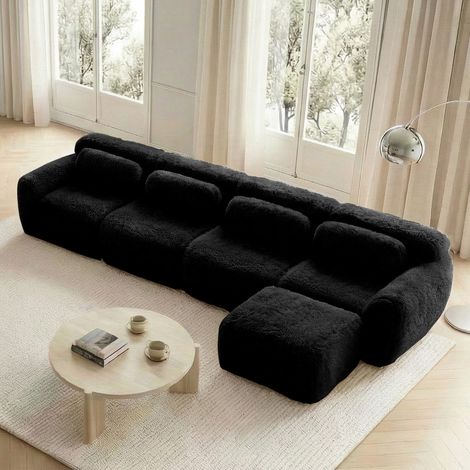 Divano modulare 4 posti angolare 180/200 cm in velluto nero, senza montaggio, con pouf e cuscini (1/5)