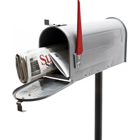 Wiltec Set US Mailbox silbergrau 180 x 220 x 480 mm, amerikanischer Briefkasten mit Fahne, Standbriefkasten Stahl amerikanisches Design mit passendem Standfuß