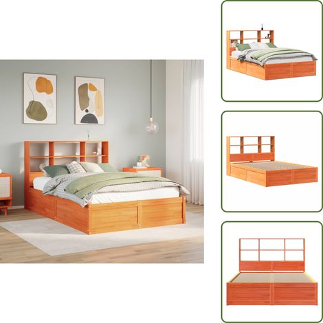 Madera de pino - vidaXL Cama sin colchón madera maciza pino marrón cera 150x200 cm - Cabecero con estantes