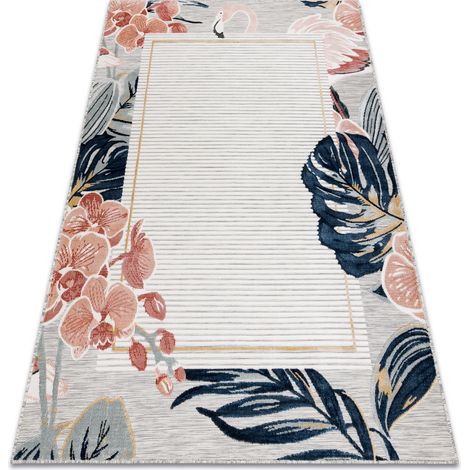 Teppich Strukturell BOTANIC 65240 Flamingo, Blätter flach gewebt für Balkon, Terrasse - grau multicolour 117x170 cm