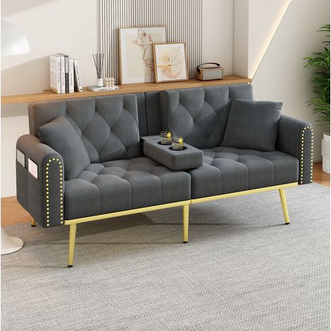 Canapé-lit 175/80/73,5 cm en velours gris avec dossier réglable et porte-gobelet (1/5)