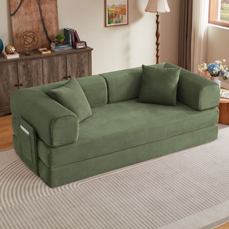 Divano letto pieghevole a 2 posti, convertibile in letto, struttura in acciaio cromato, imbottitura in schiuma, verde (1/5)