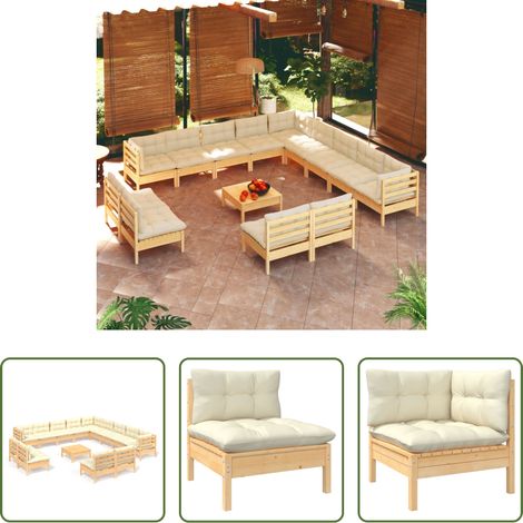 Terrassensofa -  14-tlg. Garten-Lounge-Set mit Creme Kissen Massivholz Kiefer (1/5)