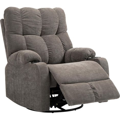 Sillón para TV con función reclinable, giratorio 360°, inclinable 135°, con núcleo de muelles ensacados, correas elásticas, portavasos, 88x96x108cm, marrón