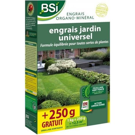 Engrais Bio universel - BSI - Végétaux multiples - Gazon, potager, fleurs - Action longue durée - 1Kg + 250g gratuit - 12,5 m