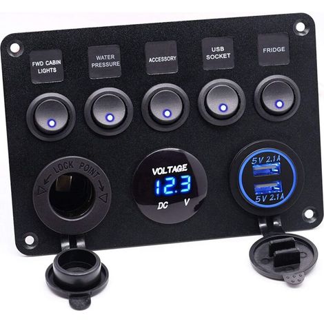 Prise allume-cigare,5 Gang Panneau de Interrupteur à Bascule ON-OFF Avec Chargeur Double USB Avec Imperméable Voltmètre Numérique Avec Allume-Cigare pour Voiture Bateau Camion RV Camping-Car, avec car